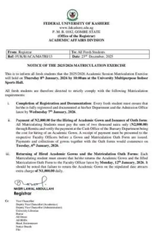 FUKashere to hold 2025/2026 Matriculation Ceremony January 8th