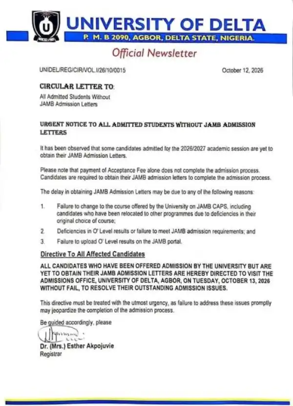 UNIDEL Issues Urgent Notice to Admitted Students Without JAMB Admission Letters