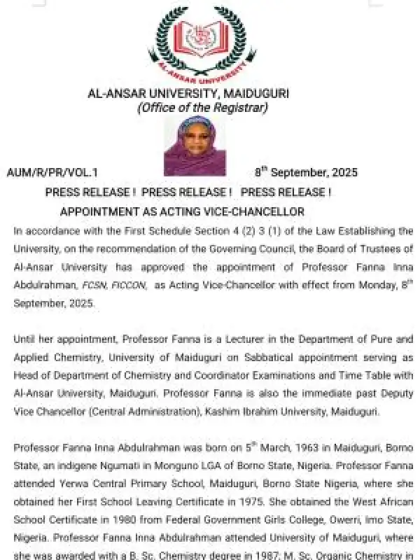 Al-Ansar University appoints Prof. Fanna Inna Abdulrahman as Acting Vice-Chancellor