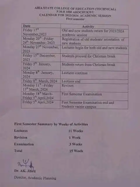 Abia State COE (Tech), Arochukwu 1st semester academic calendar, 2023/2024