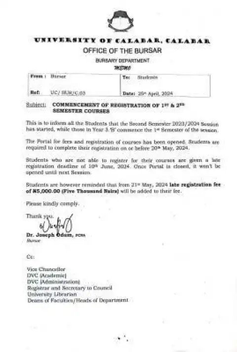 UNICAL notice on commencement of registration for 1st & 2nd semester courses, 2023/2024