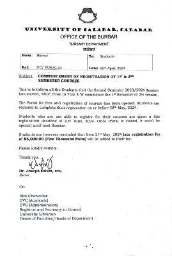 UNICAL notice on commencement of registration for 1st & 2nd semester courses, 2023/2024