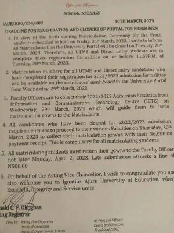 IAUE deadline for registration and closure of portal for freshmen