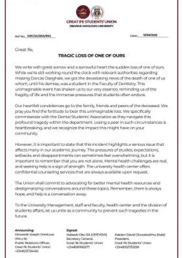 OAU Students’ Union confirms death of dentistry student, missing student still unfound