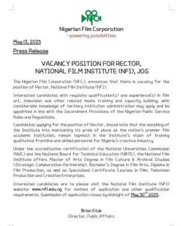 National Film Institute, Jos announces vacancy for the position of a Rector