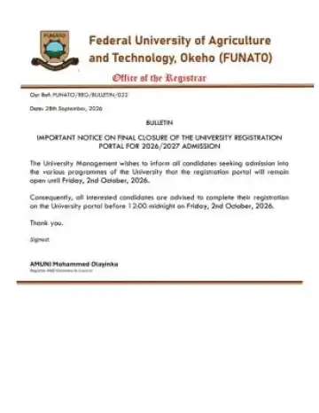 FUNATO notice on final closure of registration portal, 2026/2027