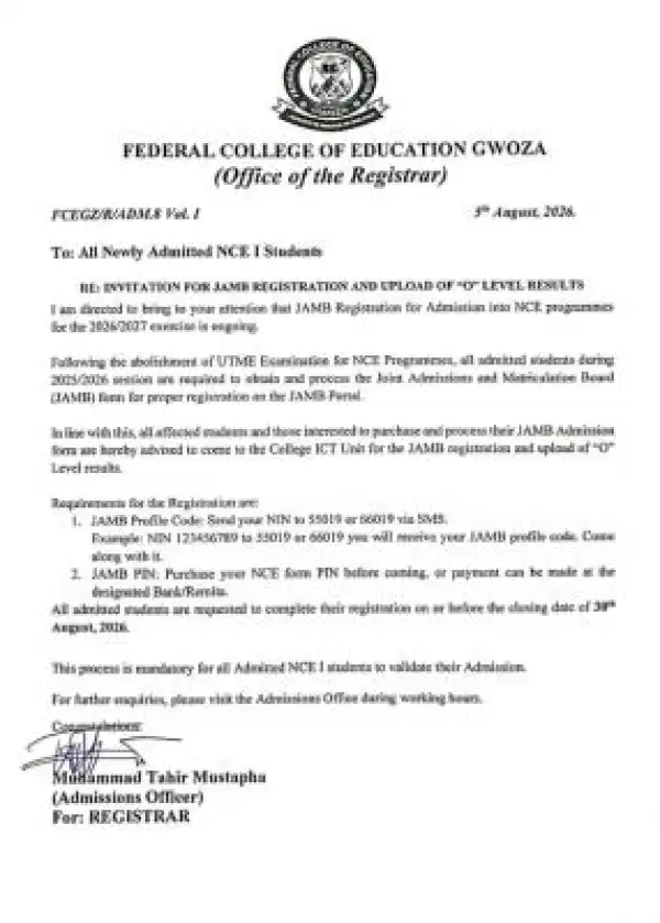 FCE, Gwoza issues directive on admission registration and O