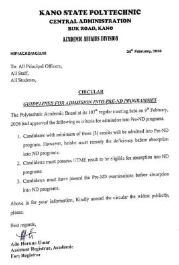 Kano State Polytechnic issues guidelines for Pre-ND Admission