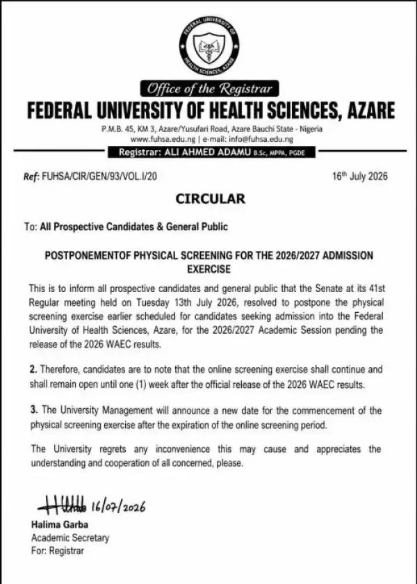 FUHSA postpones physical screening exercise, 2026/2027