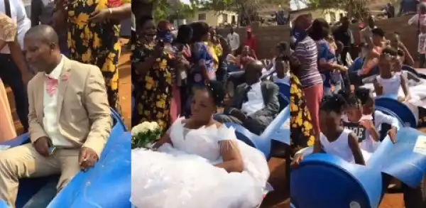 Bride, Groom And Entourage Arrive Their Wedding Venue In A 