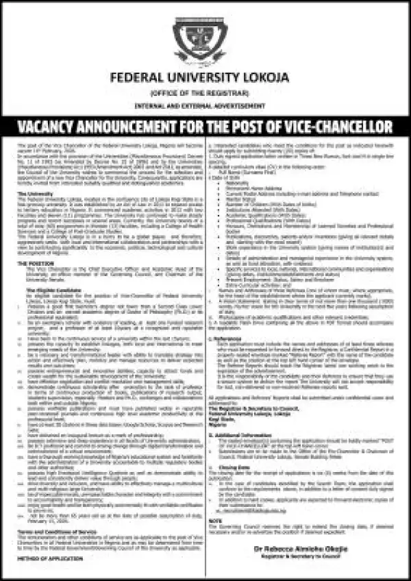 FULOKOJA announces vacancy for the post of the Vice Chancellor