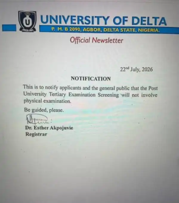 UNIDEL update on Post-UTME screening mode, 2026/2027