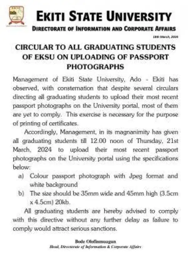 EKSU notice to graduating students on uploading of recent passport photographs