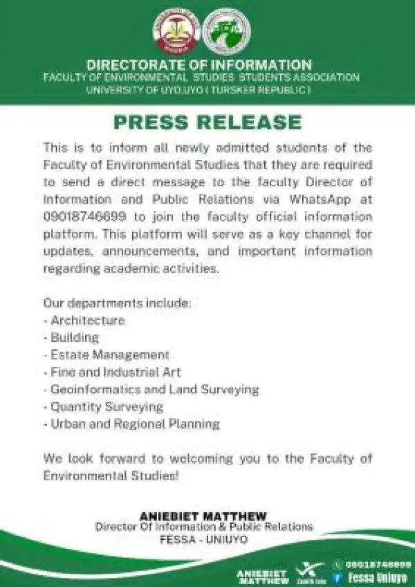 UNIUYO Faculty of Environmental Sciences notice to new students