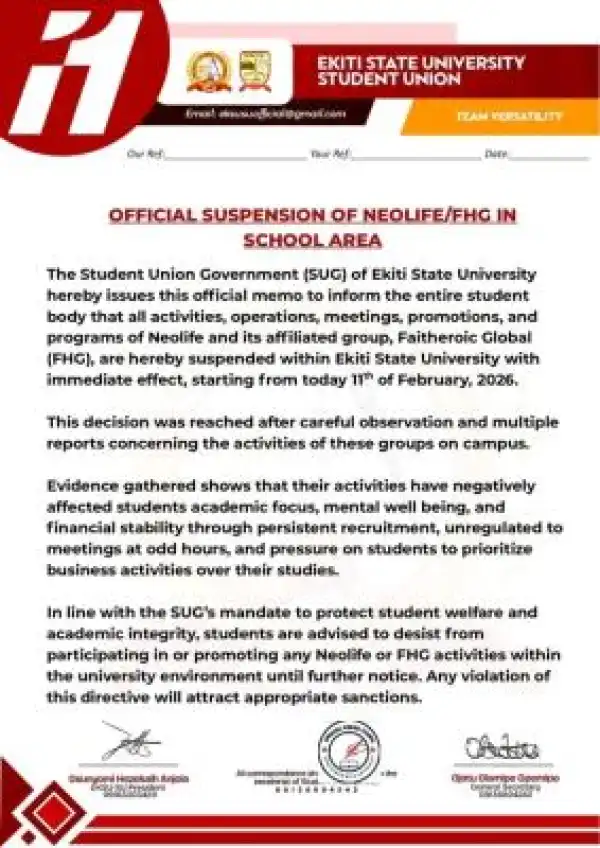 EKSU SUG suspends activities of NEOLIFE and its affiliate within the campus