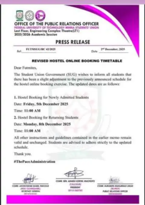 FUTMINNA SUG revised hostel online booking timetable, 2025/2026