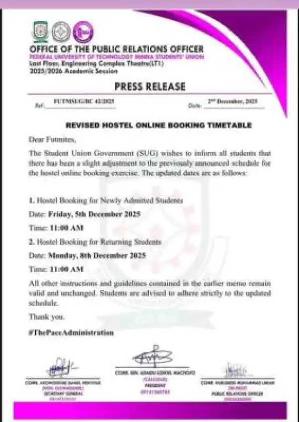 FUTMINNA SUG revised hostel online booking timetable, 2025/2026