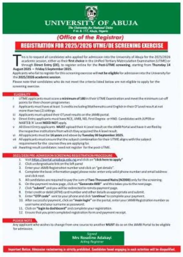 UNIABUJA Post-UTME/DE 2025: Cut-off mark, Eligibility and Registration Details