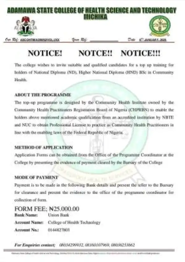 Adamawa State College of Health Sciences & Tech. ND/HND Top-up Admission form, 2025/2026