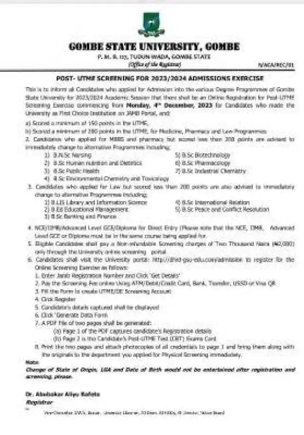 GOMSU Post-UTME/DE 2023: cut-off mark, eligibility and registration details