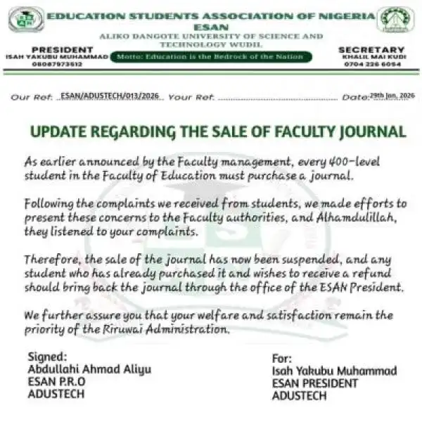 ADUSTECH Faculty of Education suspends sales of faculty journal