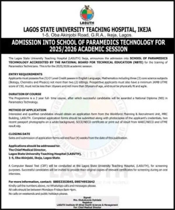 LASUTH admission into School of Paramedics Technology, 2025/2026