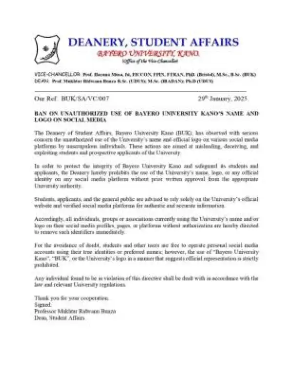 BUK bans on unauthorized use of name and logo on Social Media