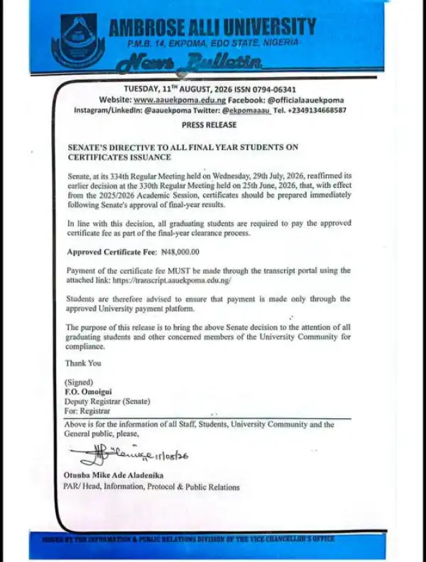 AAU notice to final year students on certificate issuance