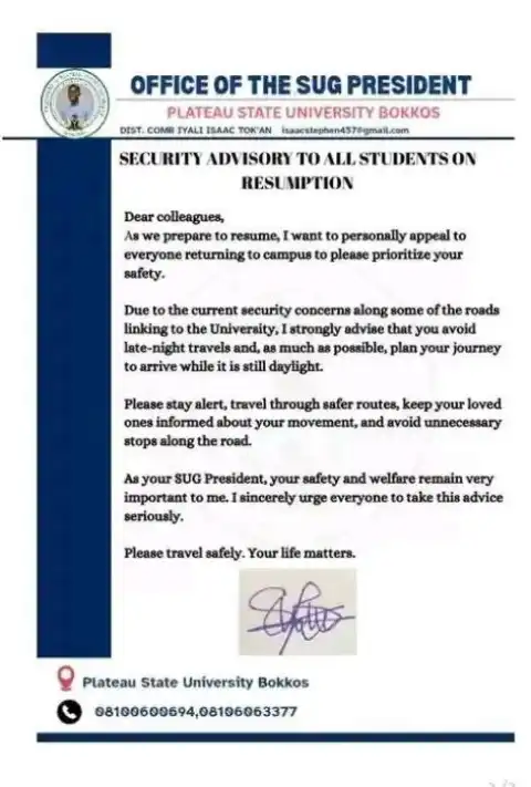 PLASU SUG issues security advisory to all students ahead of resumption