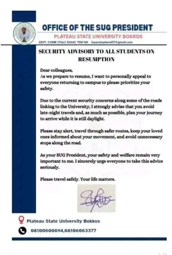 PLASU SUG issues security advisory to all students ahead of resumption