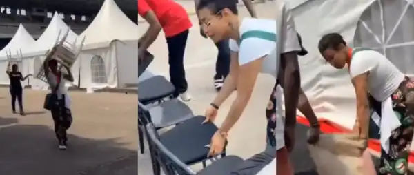 Tonto Dikeh seen getting things ready ahead of the NSPPD prayer conference in Lagos State