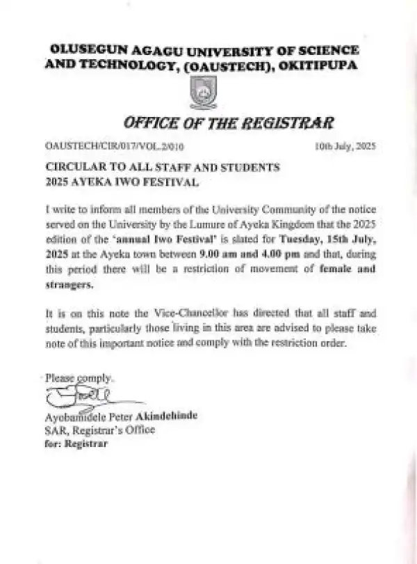 OAUSTECH notice to all staff and students