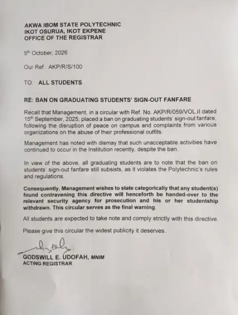 Akwa Ibom State Polytechnic reaffirms ban on graduating students’ sign-out fanfare