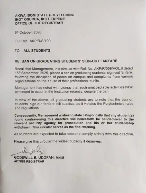 Akwa Ibom State Polytechnic reaffirms ban on graduating students’ sign-out fanfare