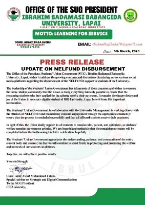 IBBUL SUG gives Update on NELFUND Disbursement