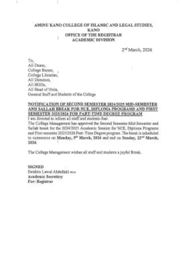 Aminu Kano College of Islamic and Legal Studies notice on Mid-semester test, Sallah break