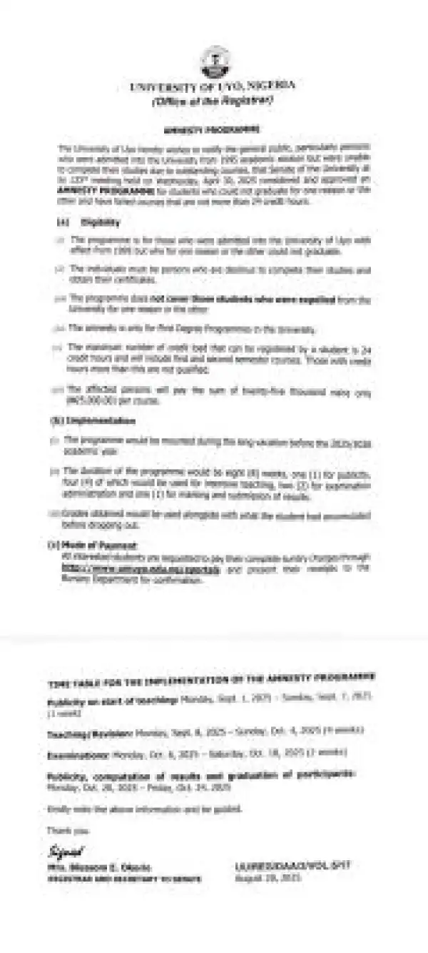 UNIUYO announces amnesty programme for students unable to graduate