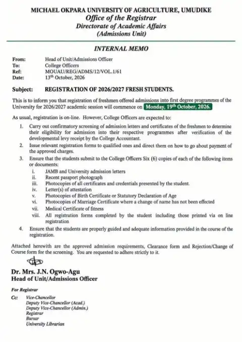 MOUAU notice of registration for fresh students 2026/2027