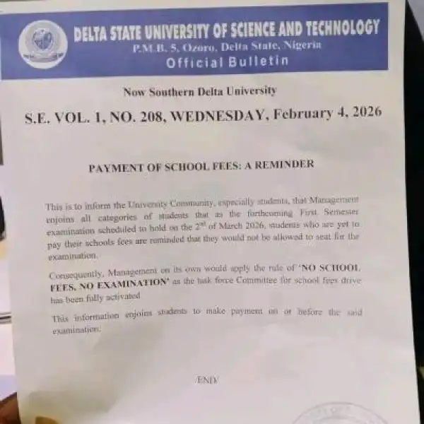 DSUSTECH notice to students on "No School Fees, No Examination" policy