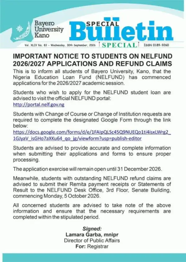 BUK notice on NELFUND applications and refund claims, 2026/2027