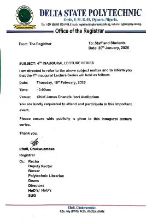 Delta State Poly Oghara-Otefe announces 4th Inaugural Lecture Series