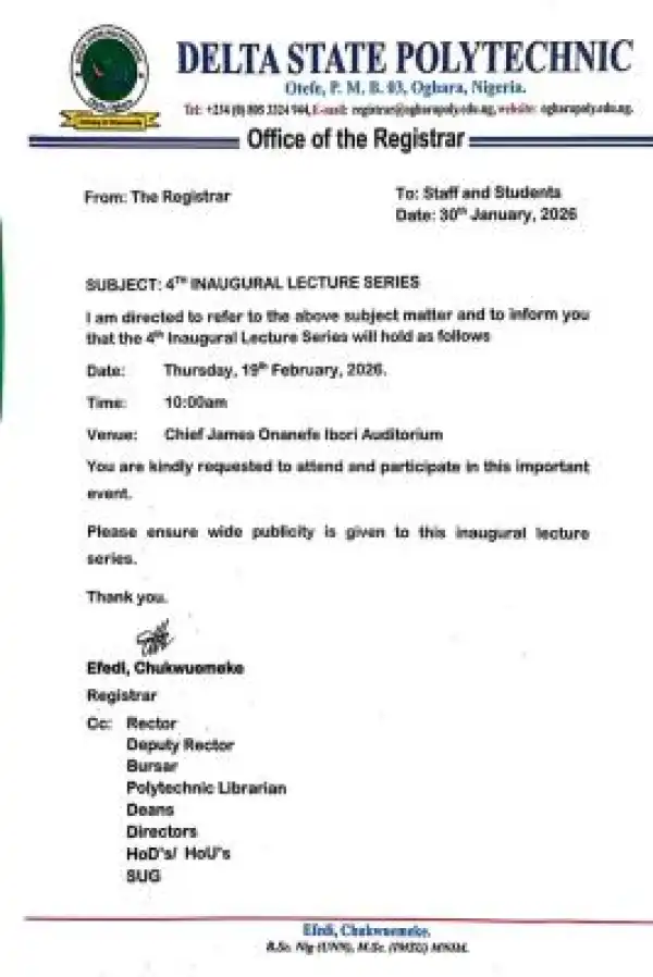 Delta State Poly Oghara-Otefe announces 4th Inaugural Lecture Series