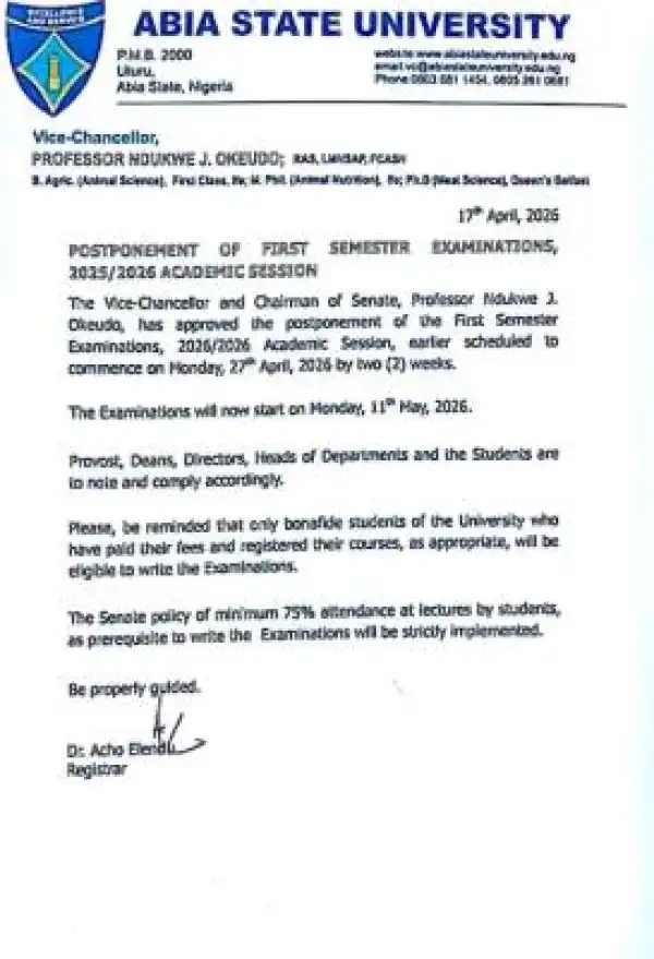 ABSU Postpones first semester examination, 2025/26