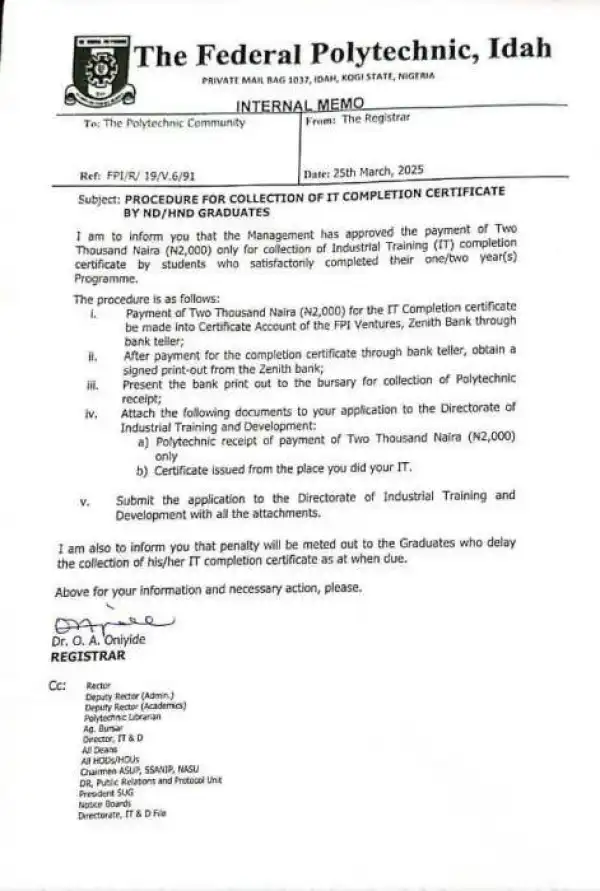 Fed Poly Idah notice to ND/HND graduates on collection of IT completion certificates