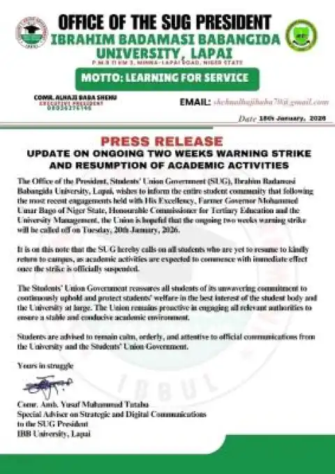 IBBU Students Union update regarding the ongoing two-week warning strike