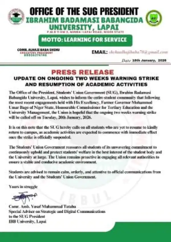 IBBU Students Union update regarding the ongoing two-week warning strike