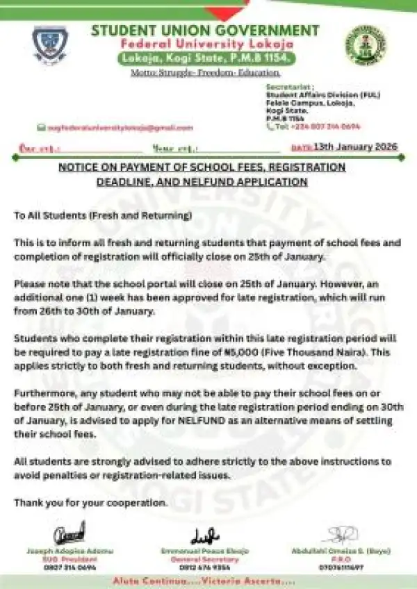 FULOKOJA SUG notice on deadline for fee payment, registration and NELFUND application