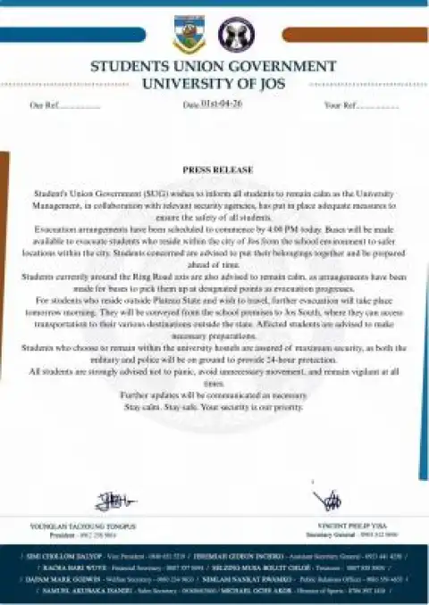 UNIJOS SUG notice evacuation on evacuation of hostels