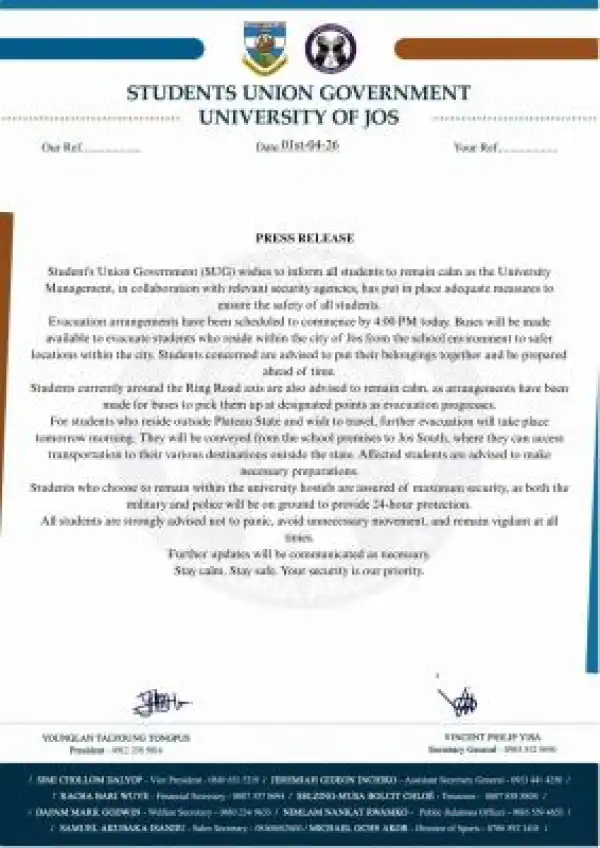 UNIJOS SUG notice evacuation on evacuation of hostels