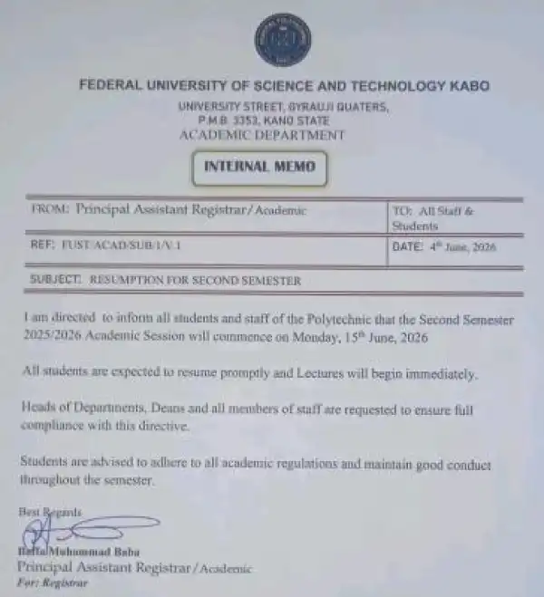 Federal University of Science & Tech. Kabo announces resumption for second semester, 2025/2026